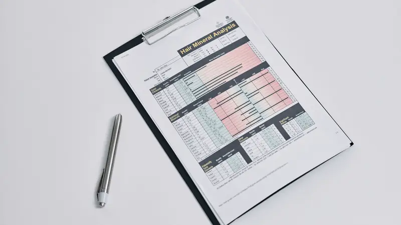 Feuille de résultats d'analyses posée sur un bureau avec un stylo