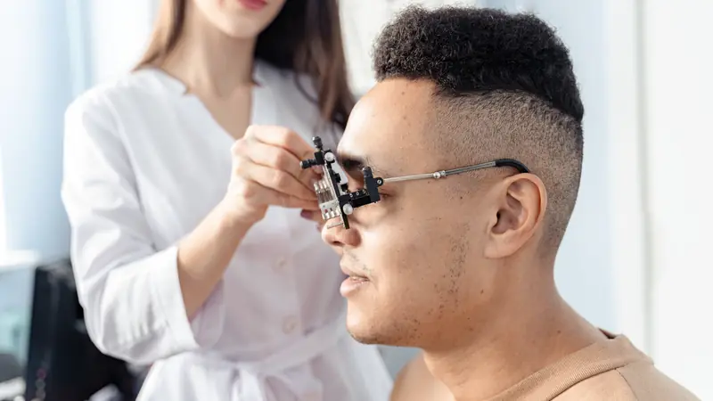 Opticienne qui contrôle la vue d'un client avec une monture d'essai